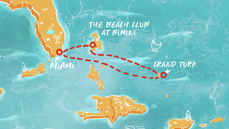 Cruise route map: Miami to The Beach Club at Bimini to Grand Turk